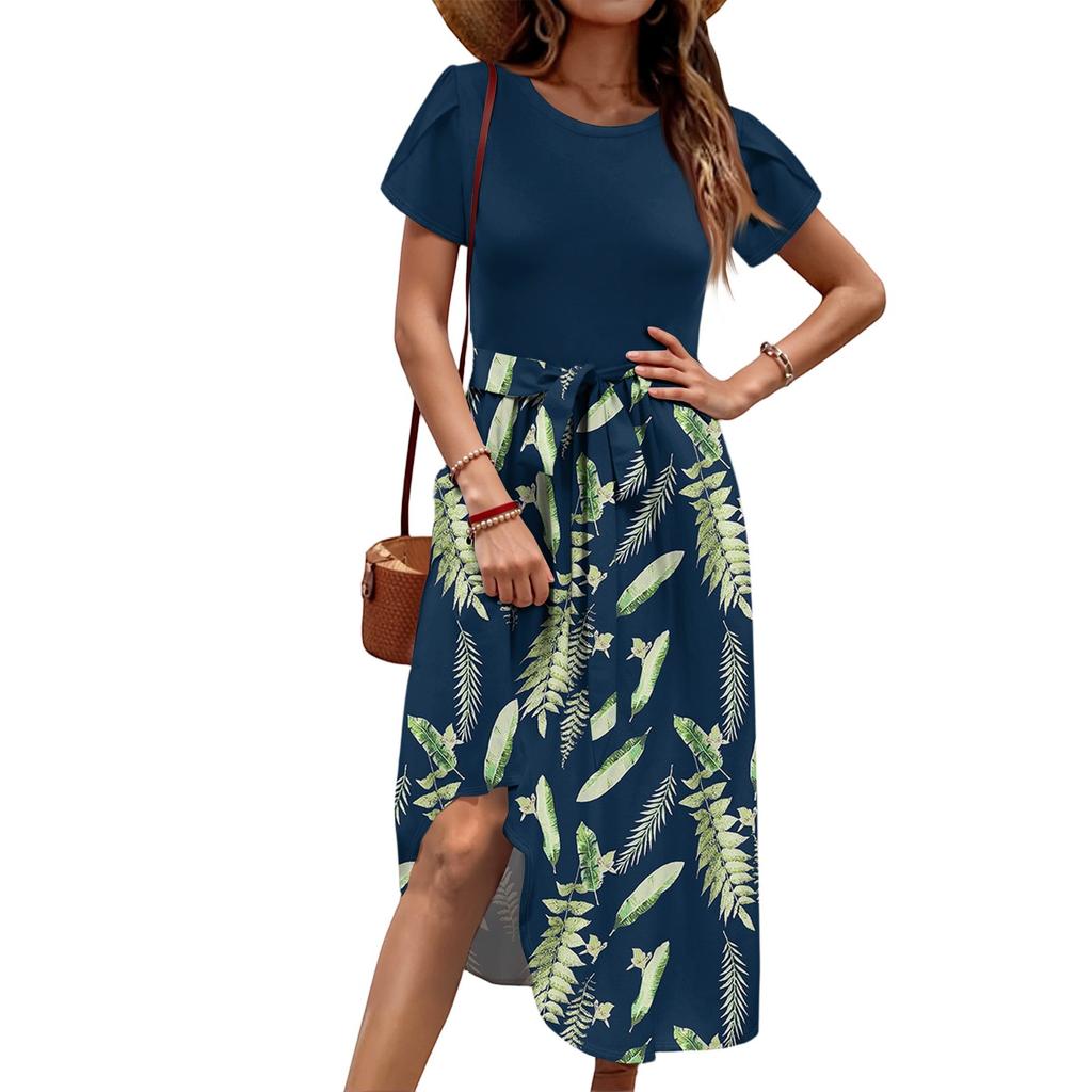 Women's Casual Cute Pattern Print Round Neck Midi Dress Basic Classic Outdoor Everyday Short Sleeve Loose Dress