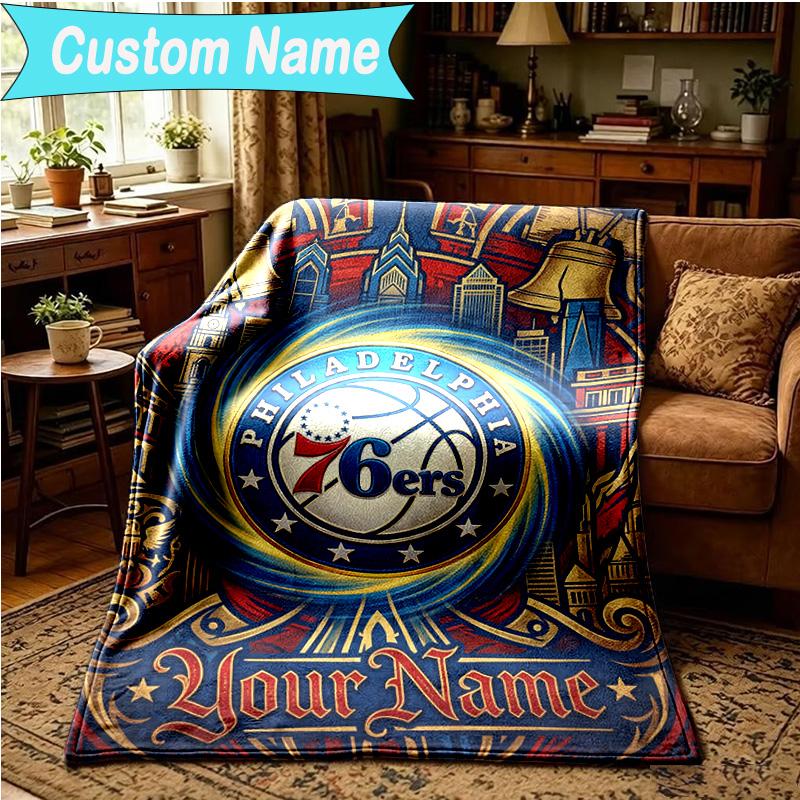 1PC Custom Name Blanket 76ers Basketball Team Flannel blankets Patterns Throw Blanket All-Season Soft Gift for Couch, Bed, Camping, Birthday gifts