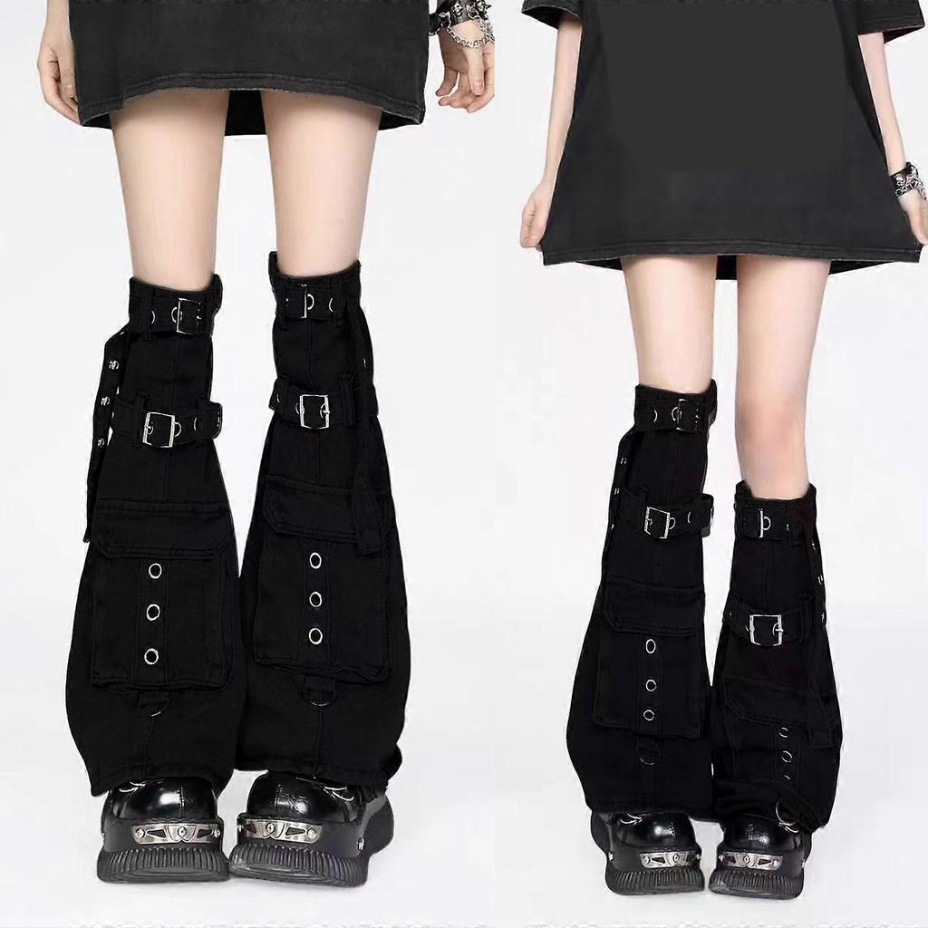 Cargo Denims Leg Sleeves with Buckled Strap for Women Harajuku Punk Leg Warmer Boot Cover Over Knee Flared Stockings  Black