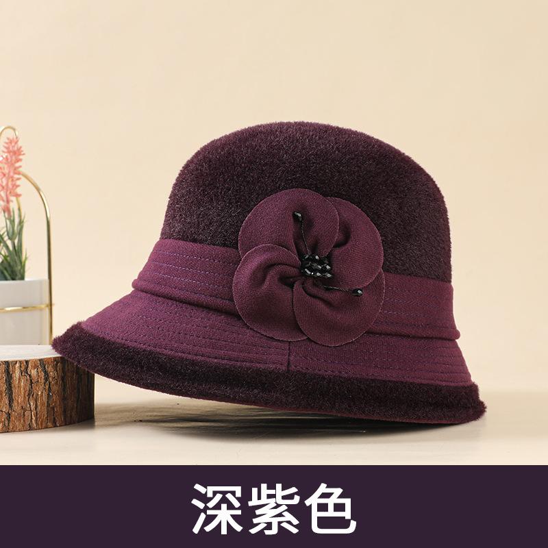 Middle-aged Hat Women's Winter Mink Warm Bucket Hat Mother Autumn and Winter Versatile Flower Top Hat British Fashion Pot Hat
