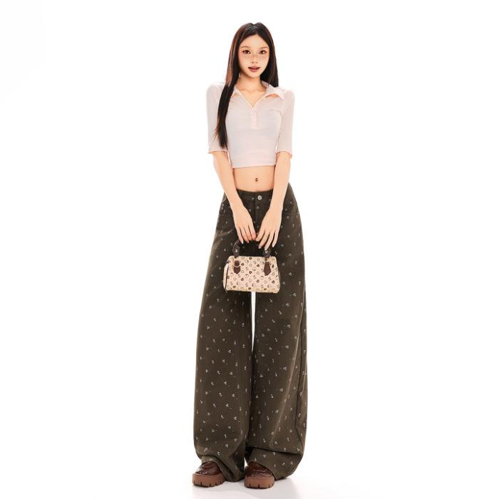 Floral denim trousers new American retro wide-leg mopping casual lazy spring and summer comfortable