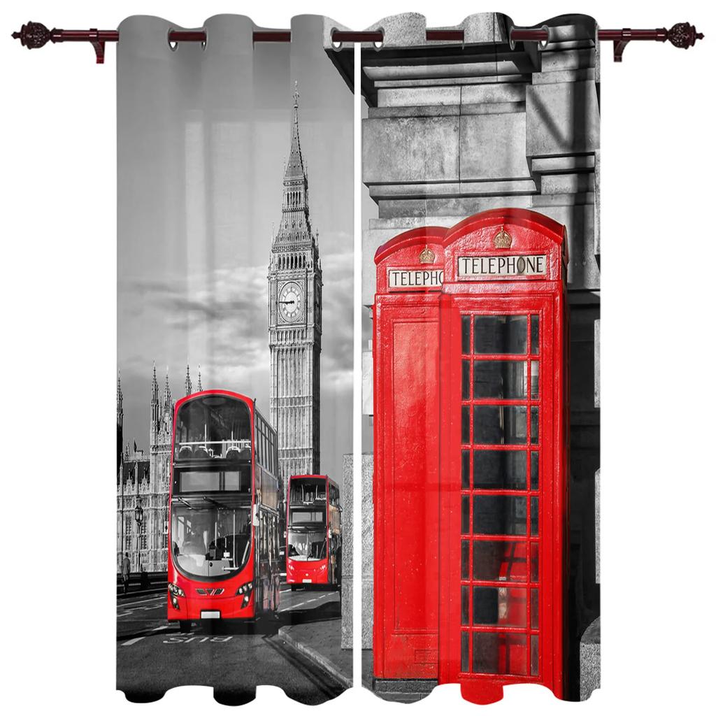 London Telephone Booth Curtains for Bedroom Living Room Drapes Kitchen Children's Room Window Curtain Modern Home Decor