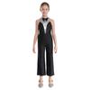 Kids Girls Sparkly Dance Jumpsuit Metallic Patchwork Rhinestone Color Block Design Sleeveless Stage Wear