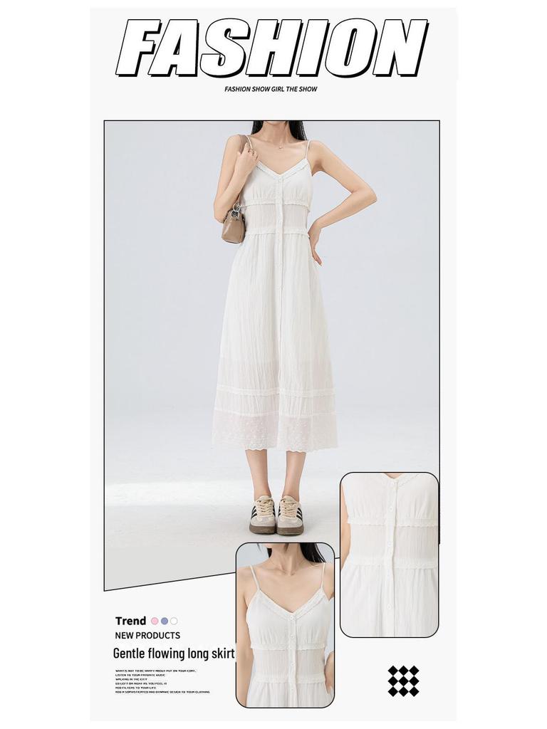 Женское белое летнее платье на подтяжках во французском стиле, новый стиль 2025 года, средней длины, универсальное, простое и элегантное.