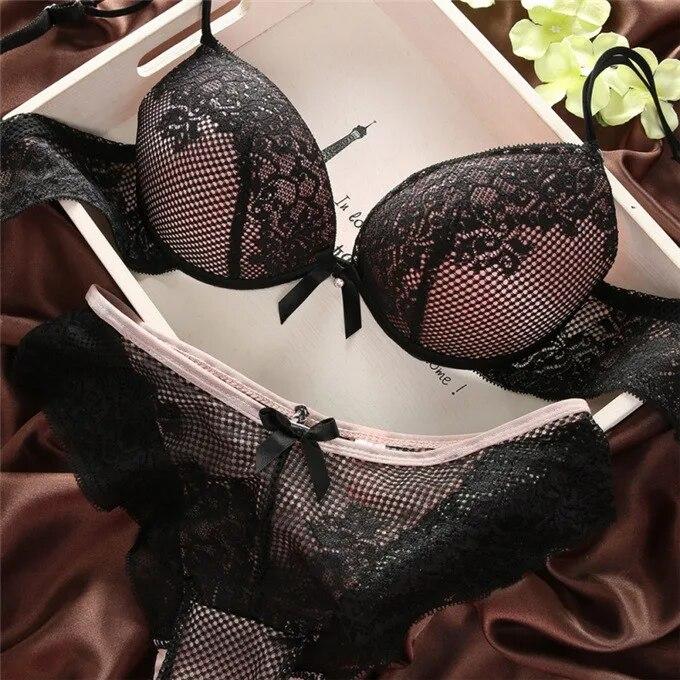 2 PCS Women Lace Bra Set Cotton Embroidery Underwear Push Up Bra and Briefs