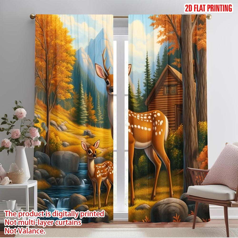 2Pcs,2D Plane Printing Print Curtains Deer Fawn Cabin Forest Autumn Versatile Polyester Fabric (Without Rod) Outdoor Decorations