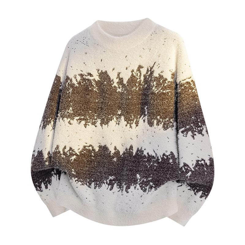 Пуловеры С длинными рукавами Свитера Унисекс Свитер Осень и Зима Градиентный цвет Шерстяной свитер Для пар Свободный Круглый вырез Базовый вязаный свитер Мужской