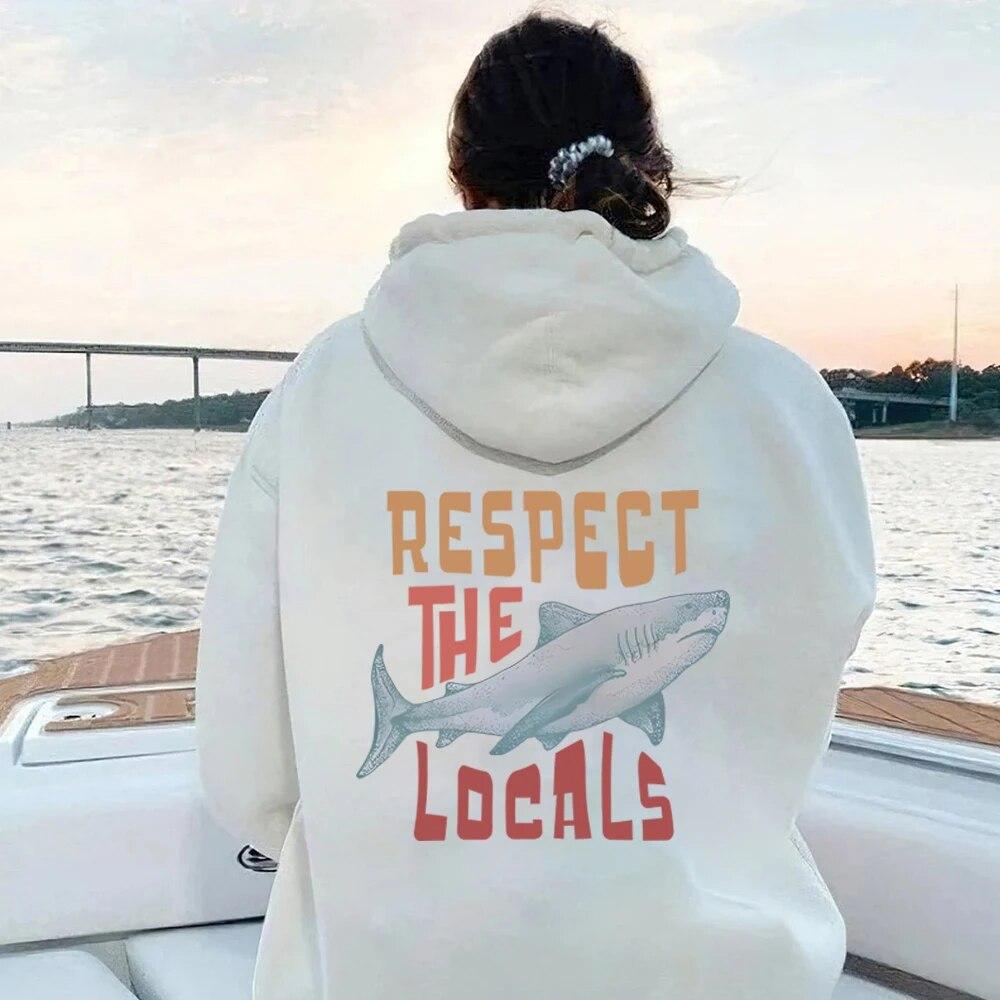 Толстовка Respect The Local Толстовка с капюшоном для местного серфинга Пляжный пуловер с изображением акулы Винтажные пляжные толстовки для охраны океана Толстовка унисекс