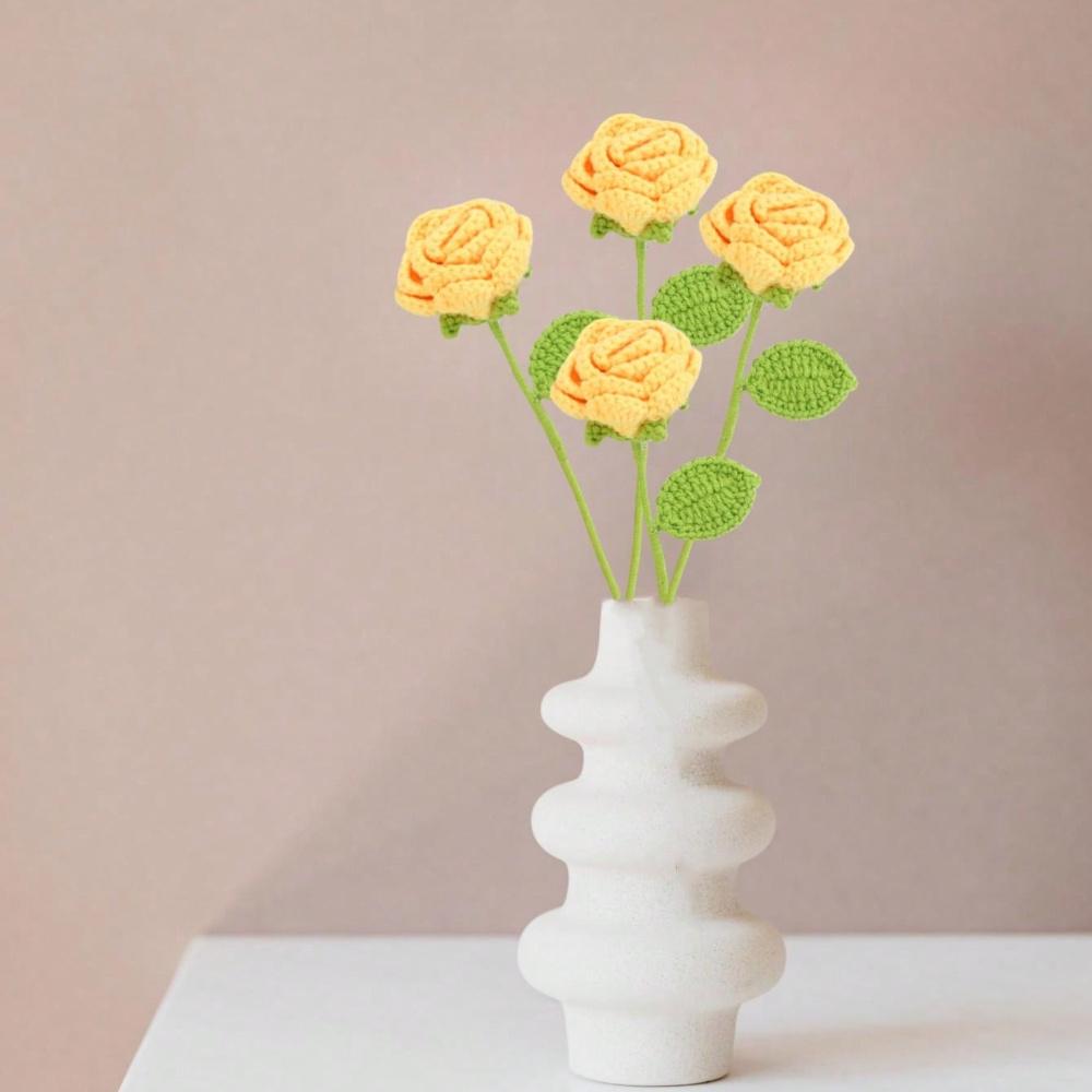 6 Pcs Crochet Flowers Crochet Rose Flowers Rose Artificial Flowers Knitted Handmade Flowers Home Decor Woven Gift for Birthday Valentines Mom