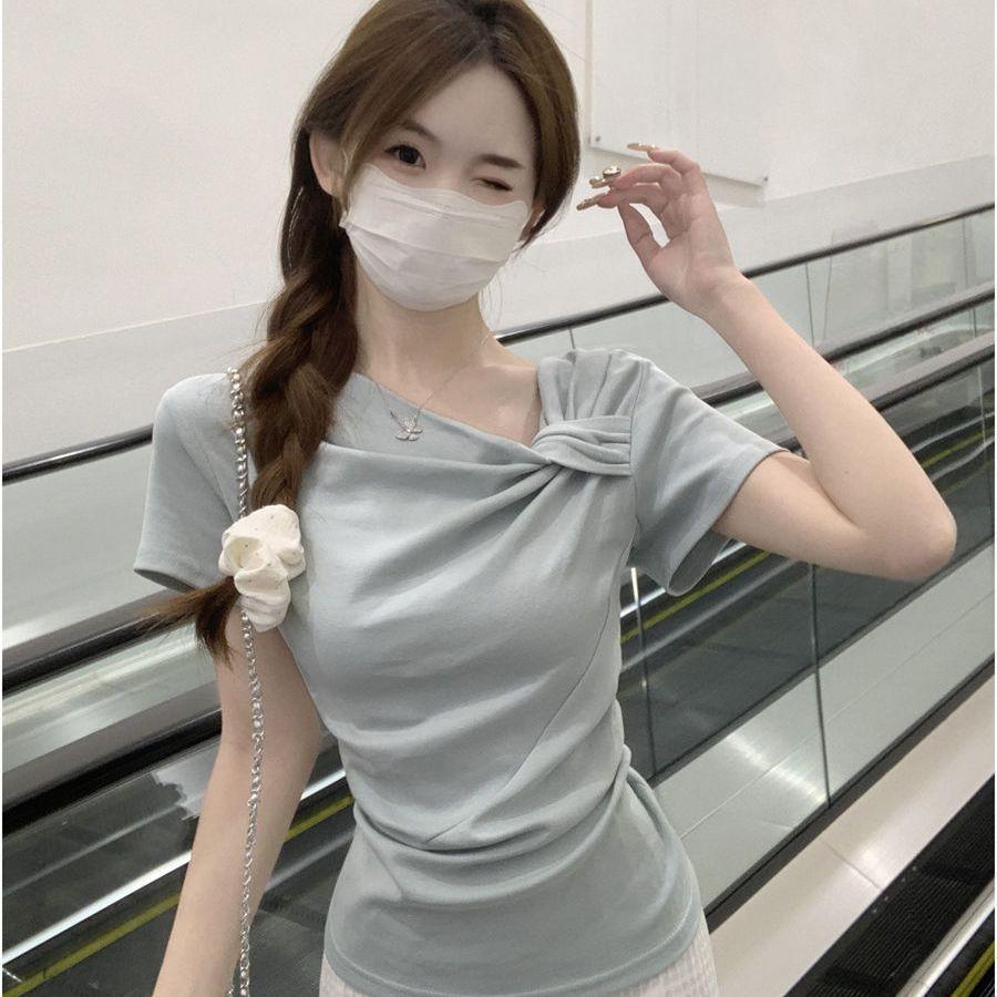 Chic Summer Short Sleeve T-shirt Slim Fit Knot Front Pure Color Womens Beautiful Gentle Top