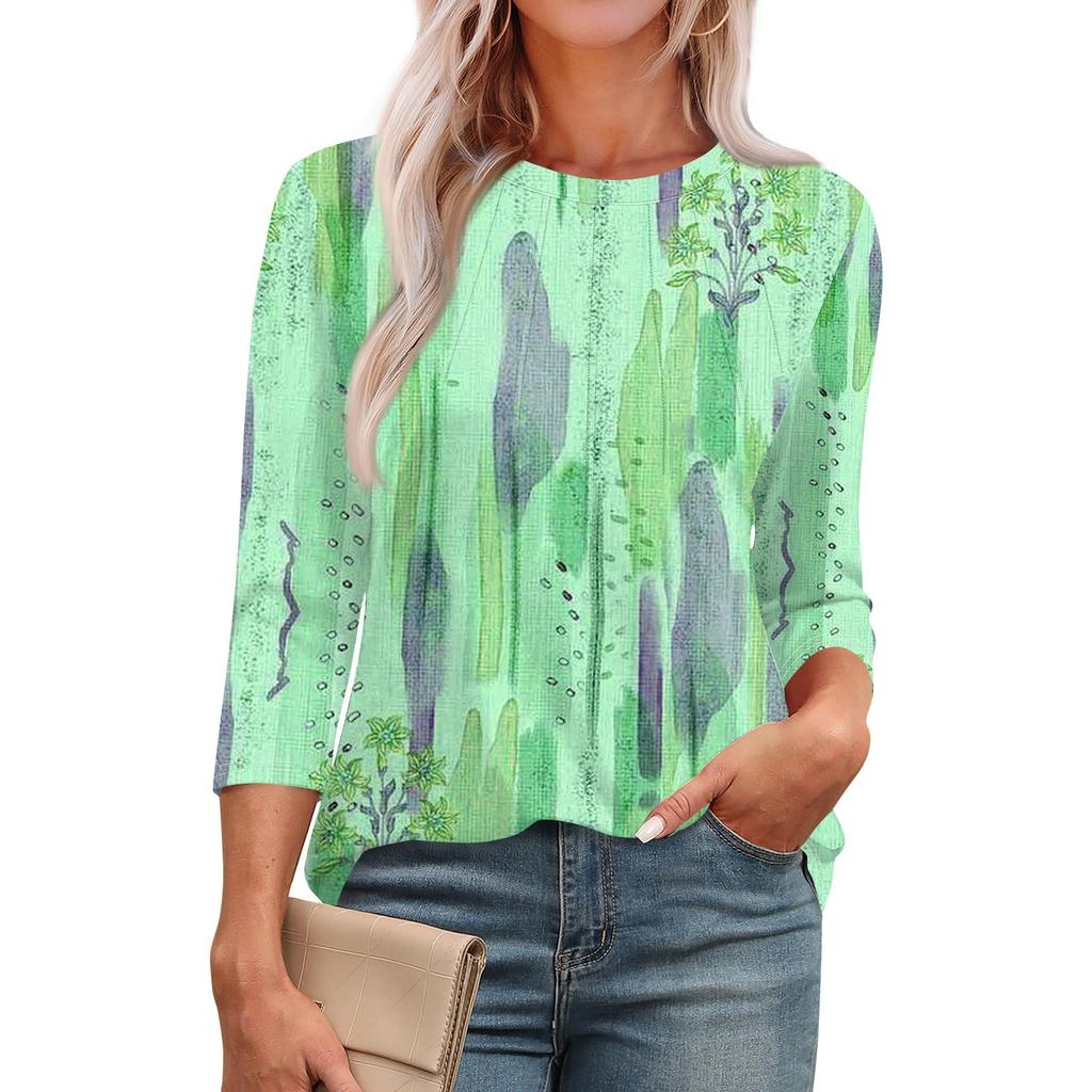 Женская модная повседневная футболка с круглым вырезом и рукавом семь четвертей в стиле ретро с принтом, плиссированная футболка