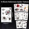8PCS Halloween Temporary Tattoo - Designs for evil spiders, bats, pumpkins, etc., for face painting, party gifts, and decorations