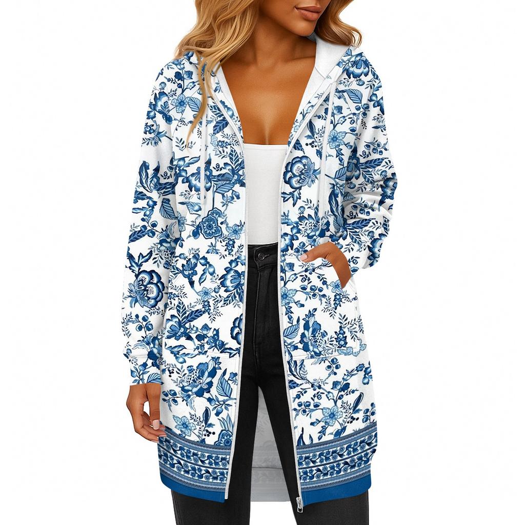 Women's Fashionable Printed Long Sleeved Drawstring Hooded Zipper Pocket Long Casual Sweatshirt Jacket