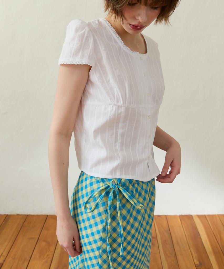 Wioi Check Lace Flared Skirt_Yellow