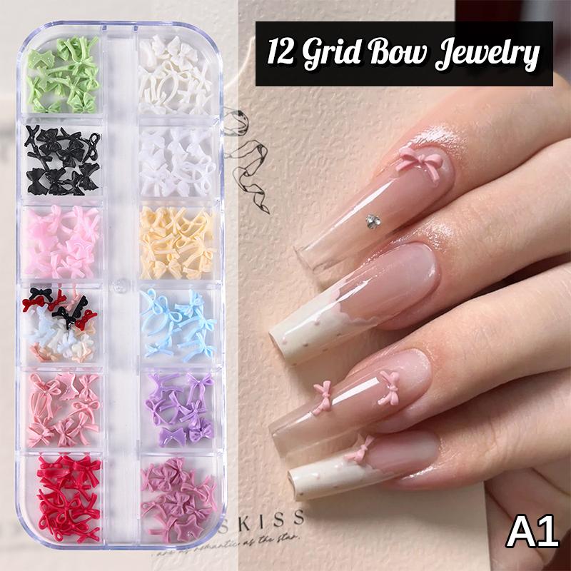 12 Grid Multiple Colors Bowknots Nail Art Charms Mini Adorable Line Bows Ties Resin Nail Decorations For Diy Earring Nail Suppli