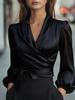 European and American temperament commuting long-sleeved bubble sleeves slim-fitting V-neck woven shirt top
