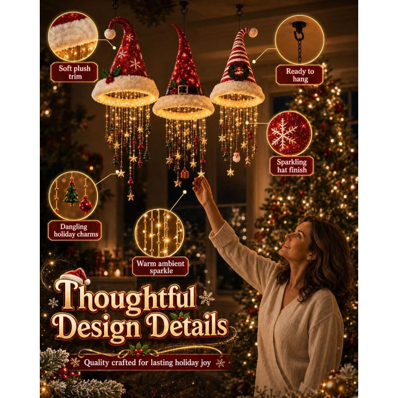 Lighted Santa Hat Hanging Chandelier 3 Styles Warm LED Christmas Light Sequined Cone Hanging Decor with Chime Star Tassel Set Indoor Outdoor Porch