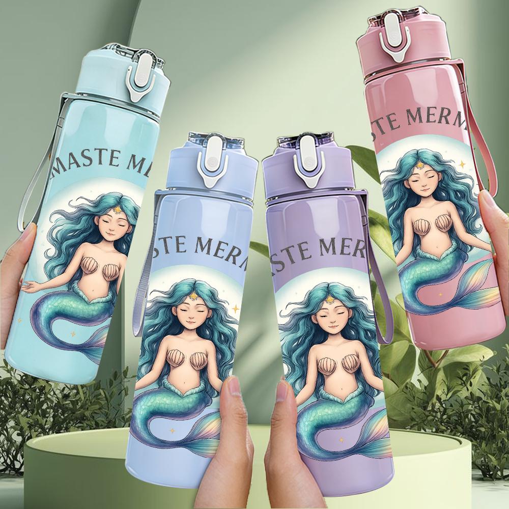 1PC Mermaid Namaste Graphic,750ml Color Plastic Sports Water Bottle,Leakproof Flip Straw Lid,Suitable for Sports Office Home Use