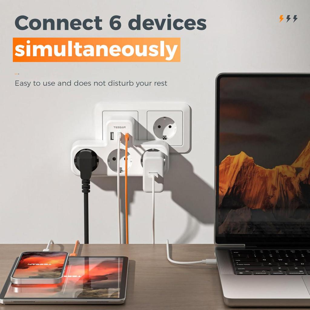 Tessan Многофункциональная настенная розетка с 2 портами USB C и 1 портом USB A, USB-адаптер 6 в 1 с защитой от перегрузки для смартфона, планшета