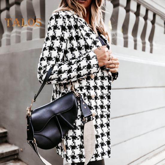 Зимнее осеннее женское пальто с отложным воротником, клетчатый принт, двубортное, с длинными рукавами, плотная куртка средней длины для свиданий, поездок на работу, офиса