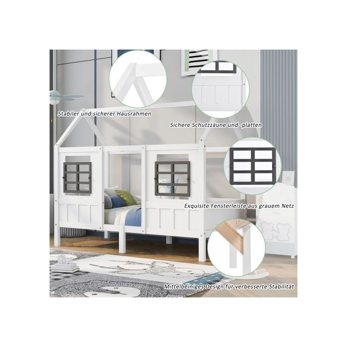 Lit de maison avec 2 tiroirs, lit simple, lit de jour, lit d'enfant avec 2 fenêtres, cadre en pin, MDF, blanc (200x90cm)