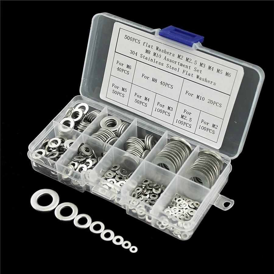 500X Stainless Steel Flat Washers Kit For M2 M2.5 M3 M4 M5 M6 M8 M10 Screws Bolt