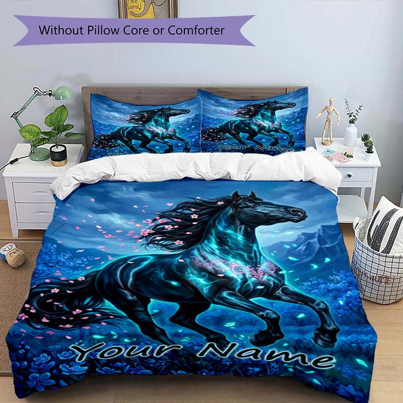 3PC Custom Name Ethereal Horse Blossom Night Bedding Set Duvet Cover Closure Includes 1 Duvet Cover & 2 Pillowcases for Bedroom