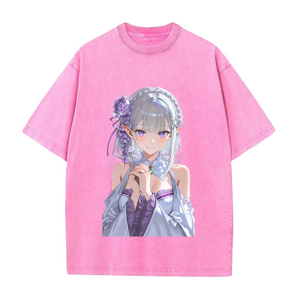 Re ZERO Начинаем жизнь с нуля в другом мире Эмилия Печатная Футболка Мужская Женская Стиранные Хлопковые Футболки Ретро Футболка Харадзюку Унисекс Футболка