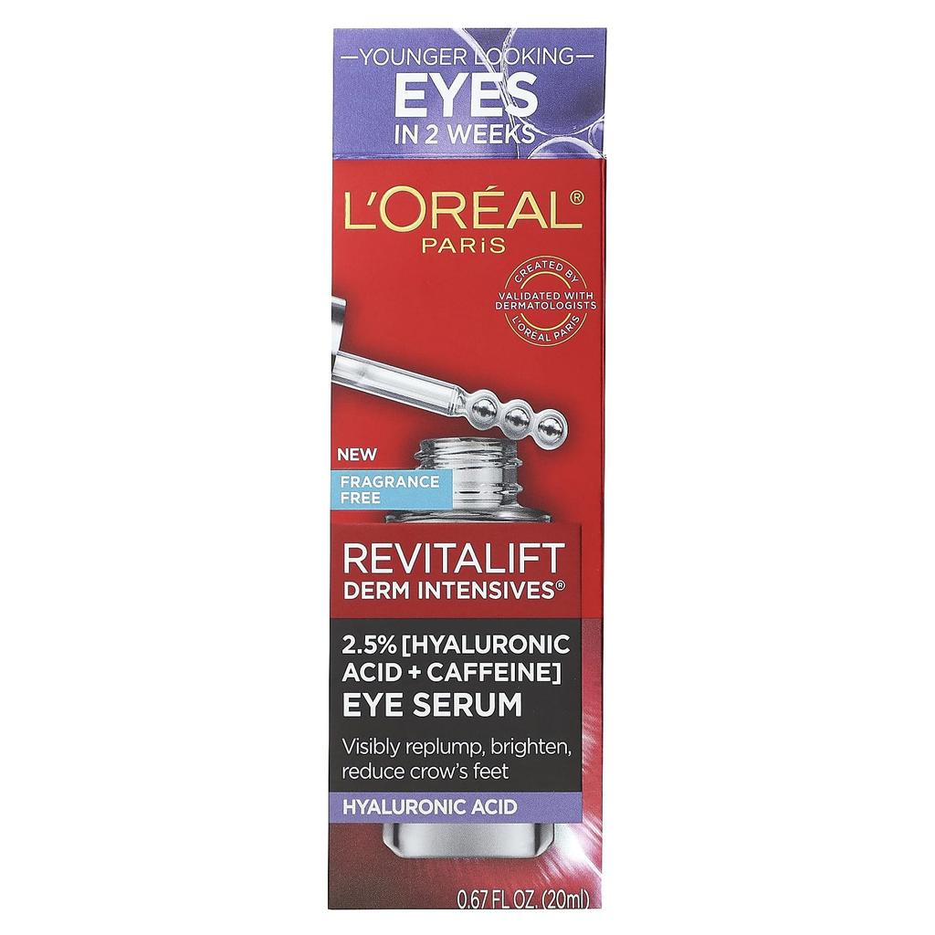 L'Oréal, Revitalift Derm Intensive, 2,5% [гиалуроновая кислота + кофеин] сыворотка для кожи вокруг глаз, без отдушек, 20 мл (0,67 жидких унций)