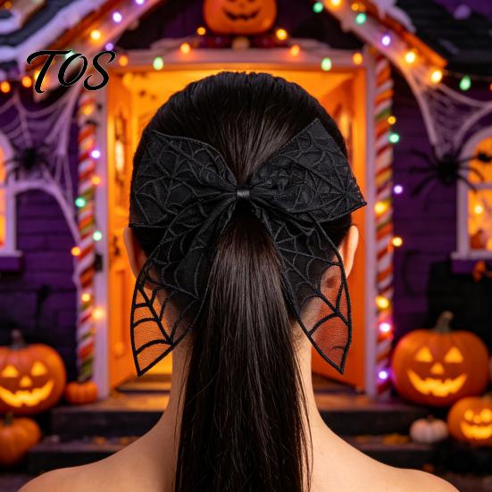 Dark Style Hair Clip Halloween Bat Mesh Bow Spring Clips, Black White Lace Spider Web Durable Barrettes, Gothic for Women Cosplay Costume Accessory