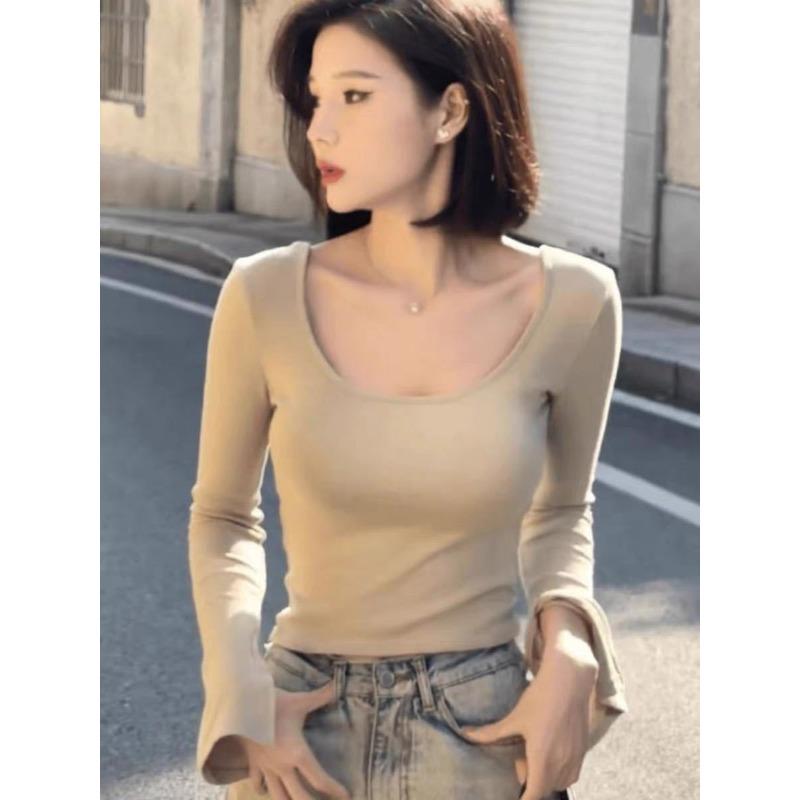 Новая осенне-зимняя футболка Pure Wind с U-образным вырезом и длинными рукавами для женщин с узким роговым рукавом снизу