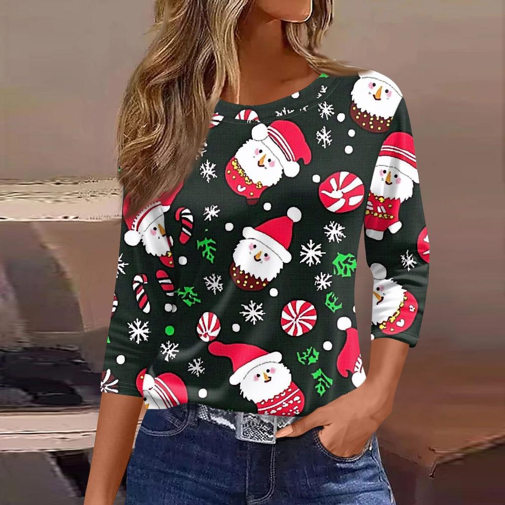 Женские топы, рубашка с семью рукавами, свободная футболка с круглым вырезом и принтом рождественского снеговика и елки