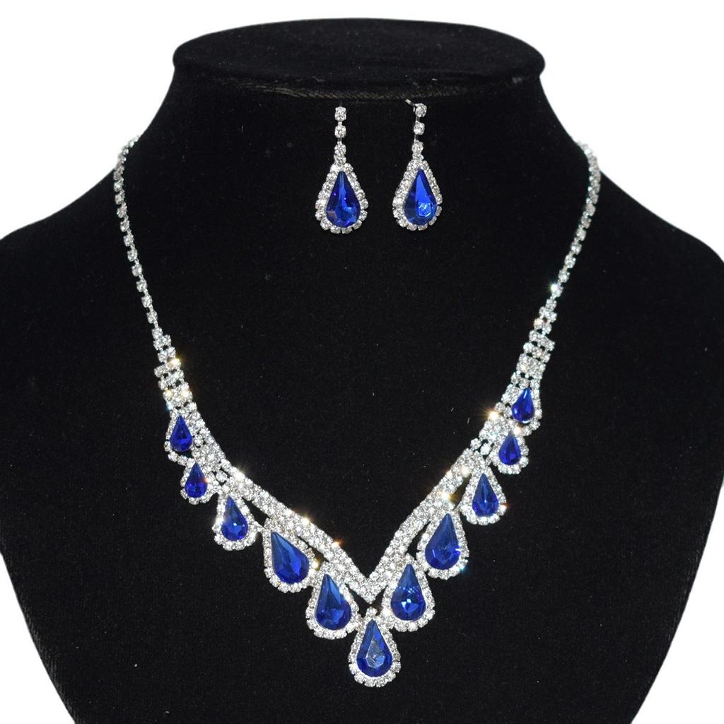 European and American Bride Claw Chain Ornament Blue Rhinestone Refined Earrings Necklace Simple Set Wedding Dress Accessories