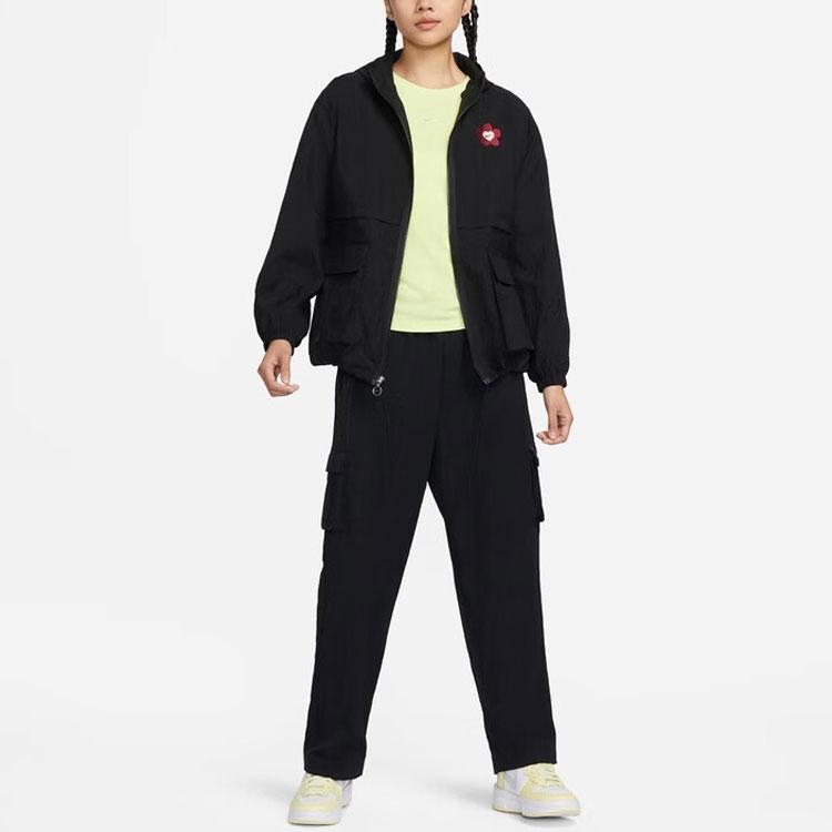 Nike Серия Дня святого Валентина с цветочной вышивкой и логотипом. Куртка с длинными рукавами и капюшоном. Женская верхняя одежда черного цвета HF1130-010.