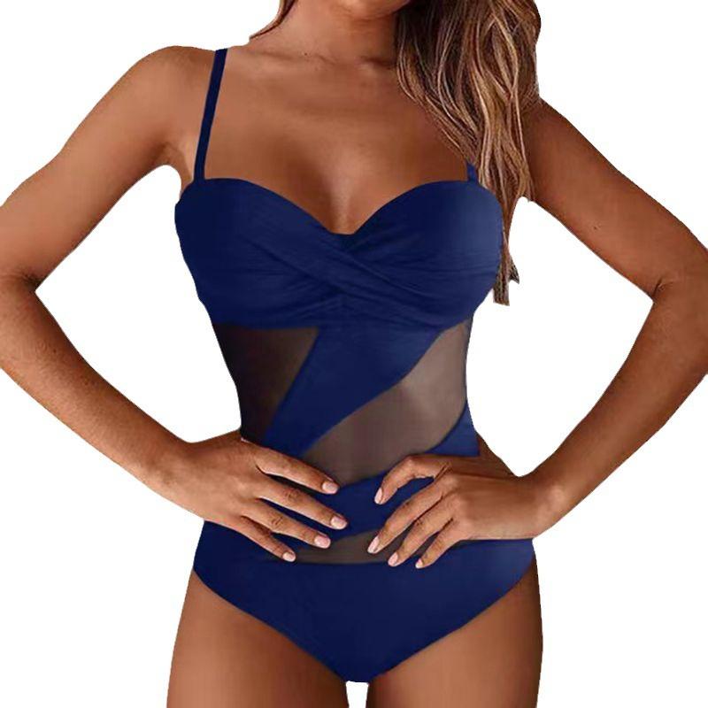 Solid Color One Piece Swimsuits Woman Sexy Mesh Bikini Swimwear Backless Brazilian Beach Outfit