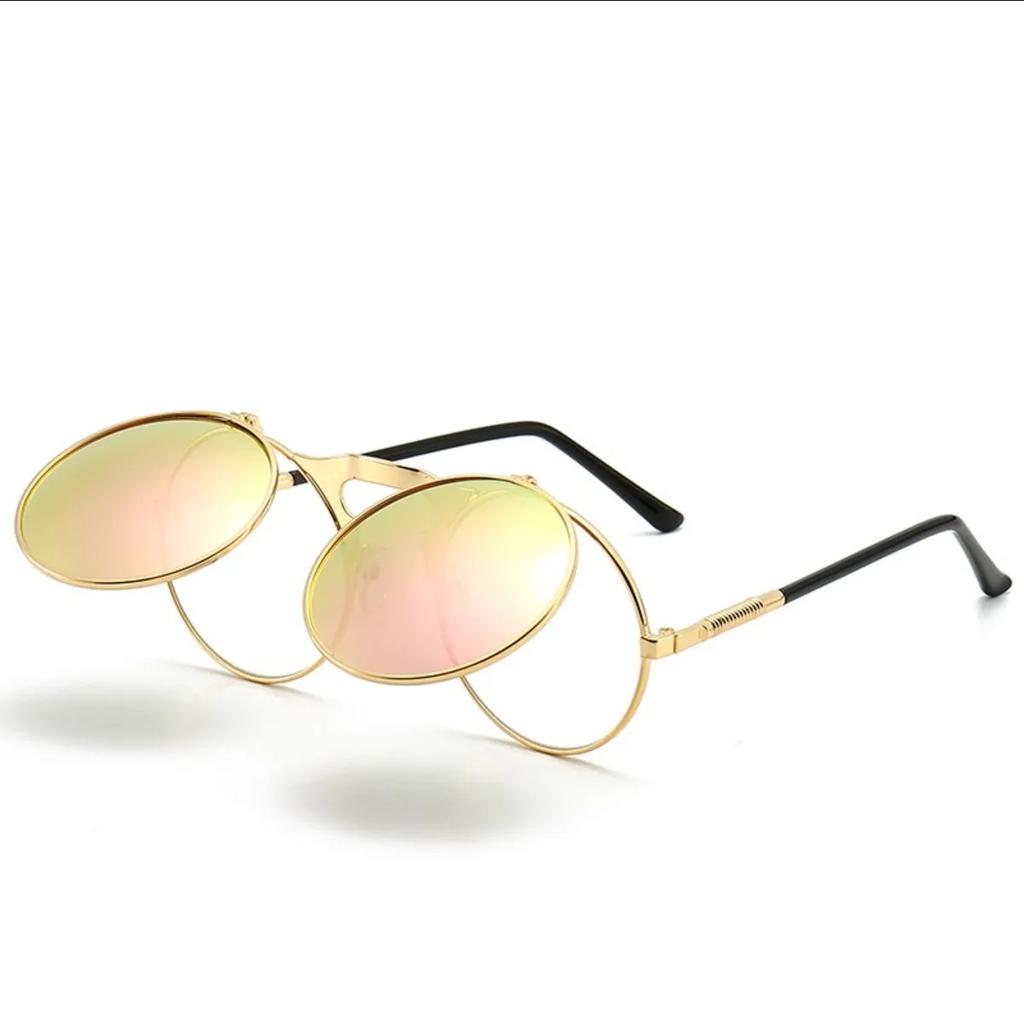 Складные солнцезащитные очки Стимпанк Складные Мужские и Женские Двойные Линзы Прозрачная Оправа из Сплава Очки Очки Тень UV400 Солнцезащитные очки