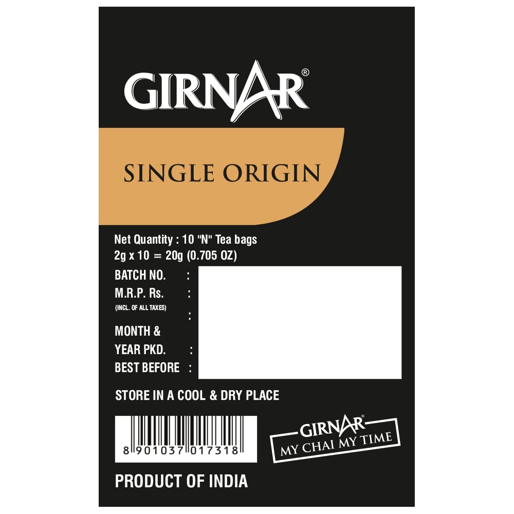 Girnar Assam Tea Черный чай одного происхождения в пакетиках с насыщенным ароматом, натуральным вкусом, индивидуально упакованных в фольгу, 10 штук