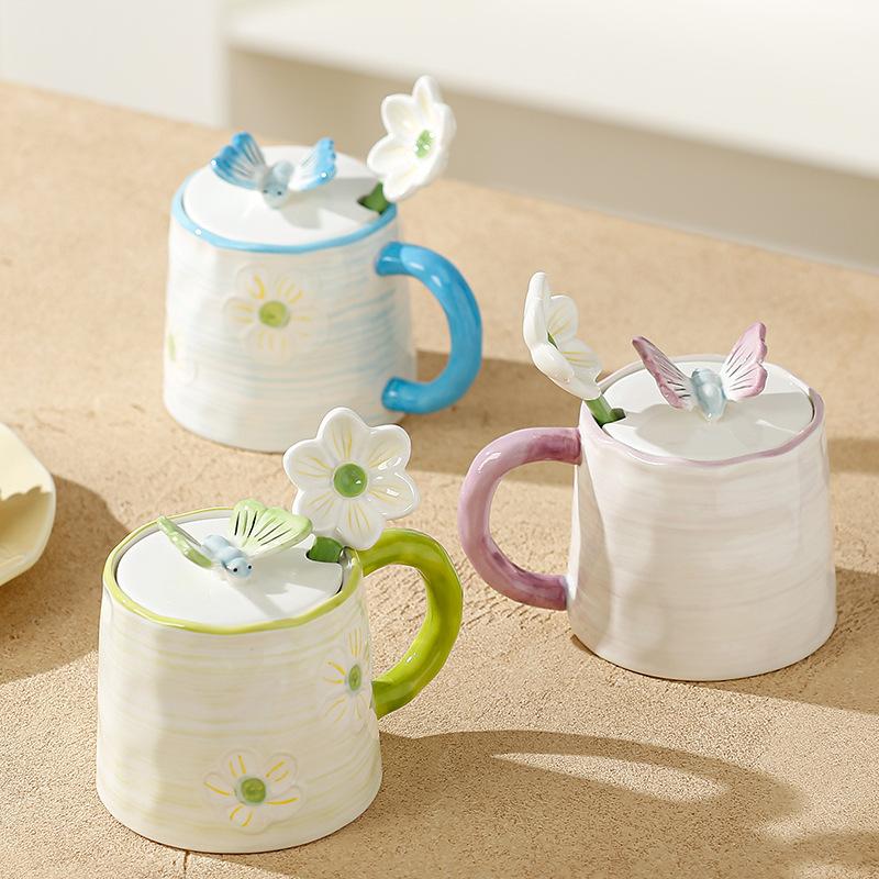 Домашний костюм, милая девушка с крышкой, ложка, маленький цветок, керамическая чашка, кружка в пасторальном стиле, высококачественная кружка для воды, офис
