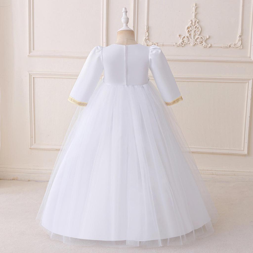 Детское вечернее платье принцессы - Длинный рукав, круглый вырез, плиссированный дизайн с сетчатой аппликацией