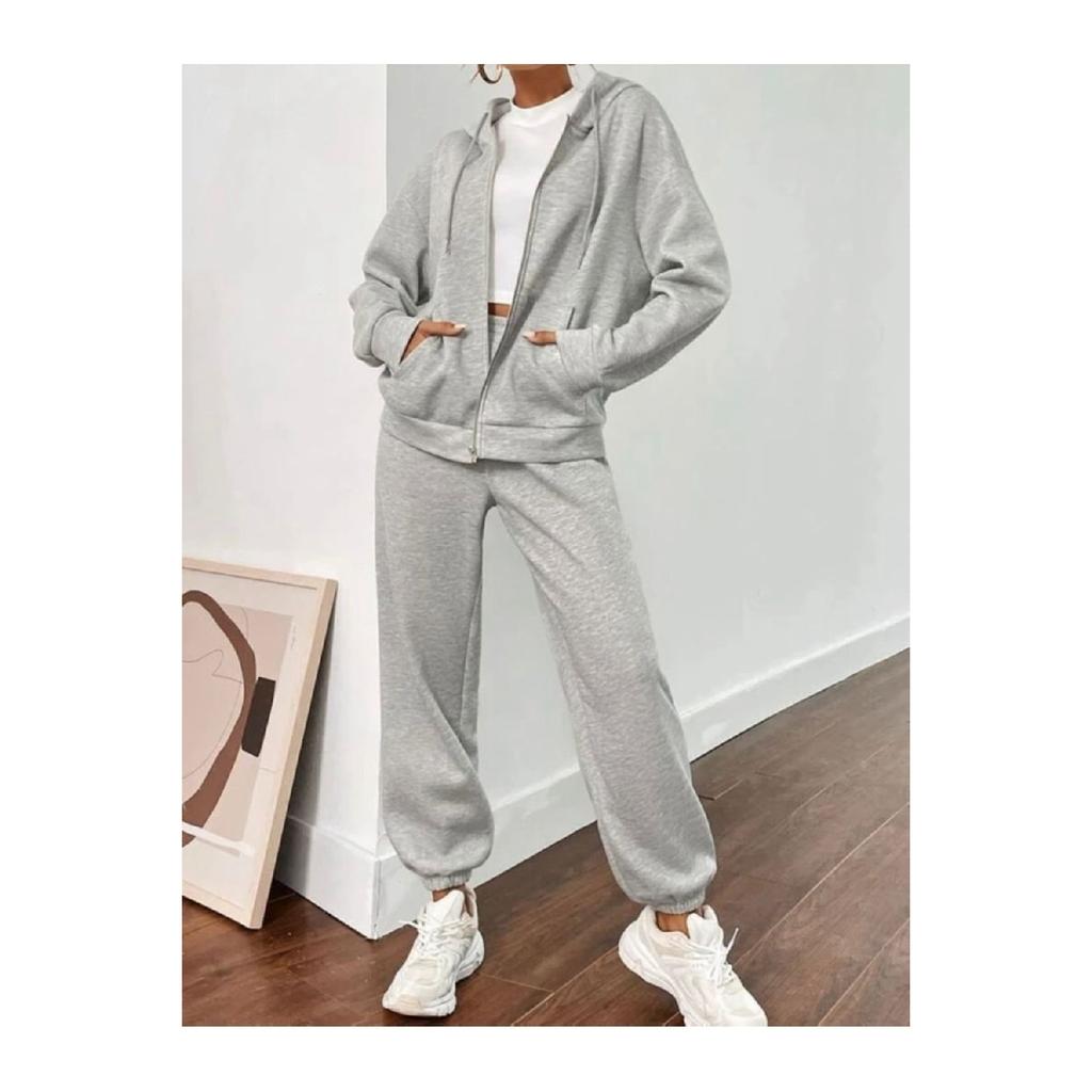 Women's Oversize Gray Zippered Unprinted Tracksuit Set