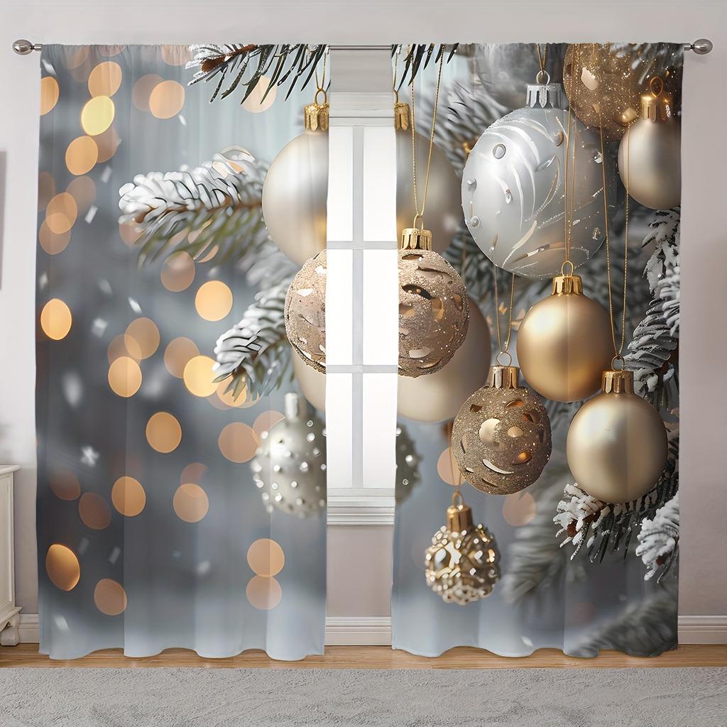 2 Elegant Classic Art Christmas Tree and Snowflake Design Rod Pocket Curtains for Home Decor In Living Room and Bedroom Window