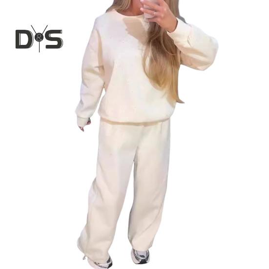 2 шт./комплект женский топ брюки костюм круглый вырез длинный рукав стразы декор толстовка эластичный пояс широкие брюки повседневная одежда спортивный наряд осень