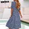 GMXIA Women's Fashion Summer Spring Solid Color Print Short Sleeve O-Neck High Waist Casual Dresses