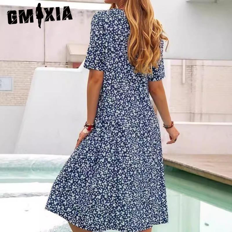 GMXIA Women's Fashion Summer Spring Solid Color Print Short Sleeve O-Neck High Waist Casual Dresses