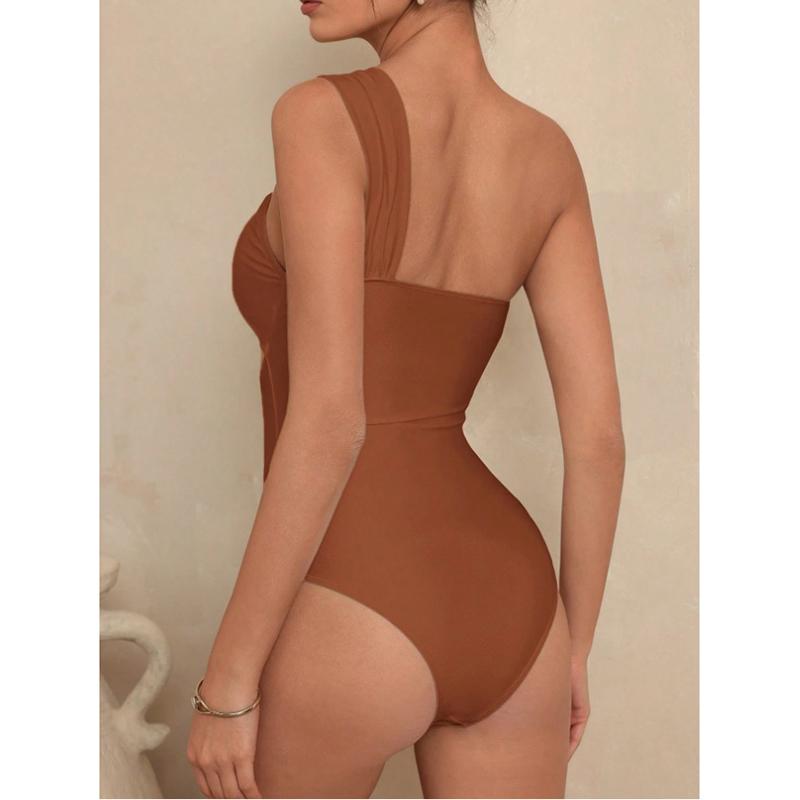 One Shoulder Women's One Piece Swimsuit Sexy Hollow Out Pleate Tummy Control Swimwear Beach Bathing Suit