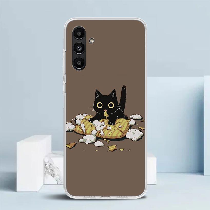 Мультяшный Милый Черный Кот Чехол Для Телефона Для Samsung Galaxy A17 A37 A57 A16 A15 A14 A13 A56 A55 A54 A53 A36 A35 A34 A33 A26 A25 A24 A23