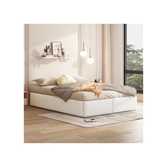 Lit rembourré - MUVOE - 140x200cm - Blanc - Support hydraulique - 2 tiroirs