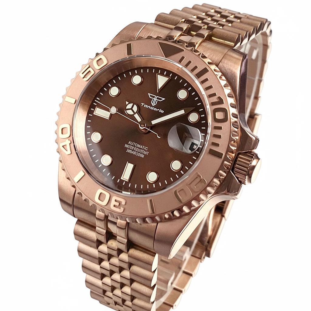 Tandorio New 40mm Red Sunburst Dial Automatic Mechanical Watch For Japan NH35 Sapphire Glass 20ATM Luminous Rose Gold Men Watch