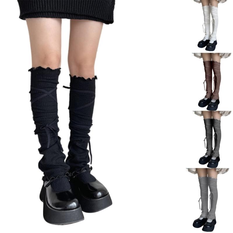 Japanese Ribbed Thigh High Leg Warmers Lace Up Bandages Over Knee Flared Leg Covers Ruffle Trim Footless Socks for Women