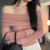 New Sexy Off Shoulder Elegant Pullovers Women Solid Knitted Thin Slim Basic Sweet Tops Female Korean Fashion Designer Casual Knitwear Jumper 2024